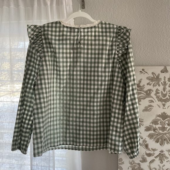 J Crew Green Gingham Long Sleeve Blouse - Picture 4 of 5